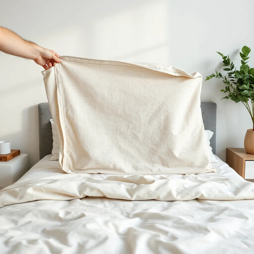 Removable mattress cover with visible elastic edges held above a neatly made bed