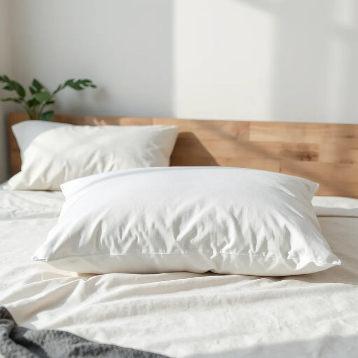 Cooling gel infused pillow on a neatly made bed in soft natural light