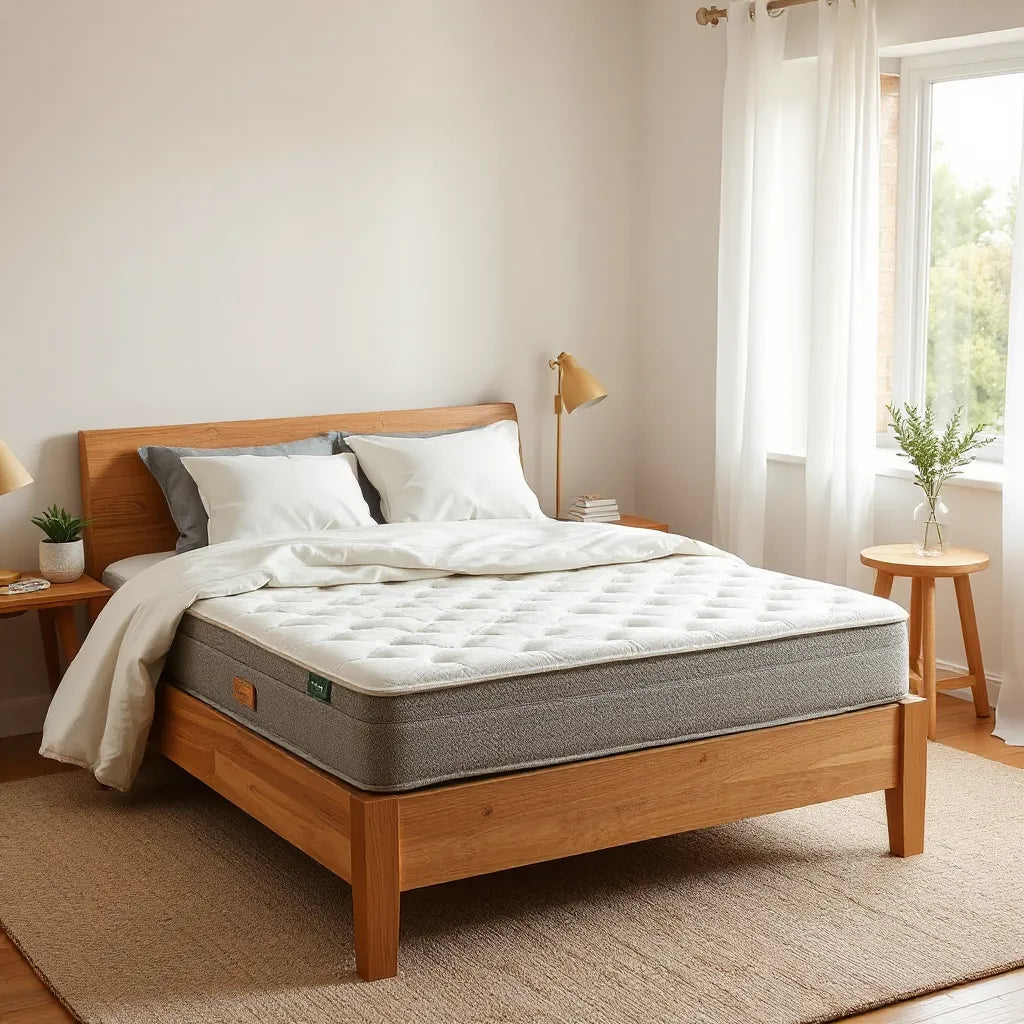 Neatly made bed with an organic-looking mattress and natural cotton bedding in soft daylight
