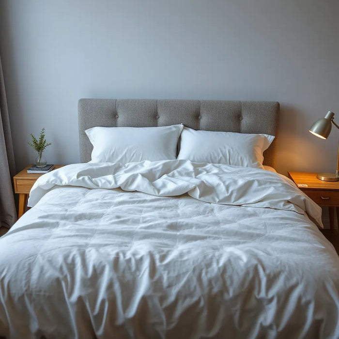 Modern bed with breathable cooling mattress surface and soft bedside lighting for comfortable sleep
