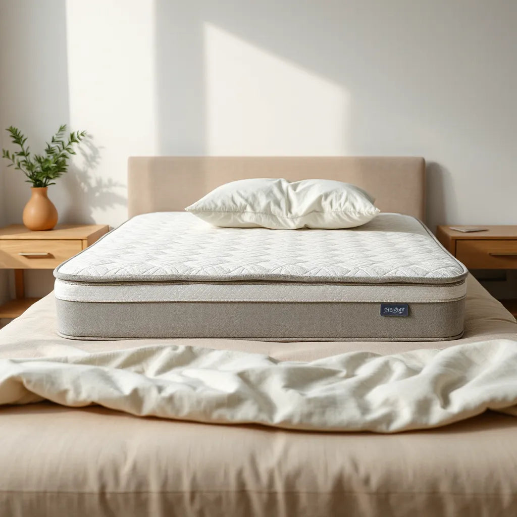 Neatly made bed with a pressure-relief style mattress surface and soft pillow under natural light