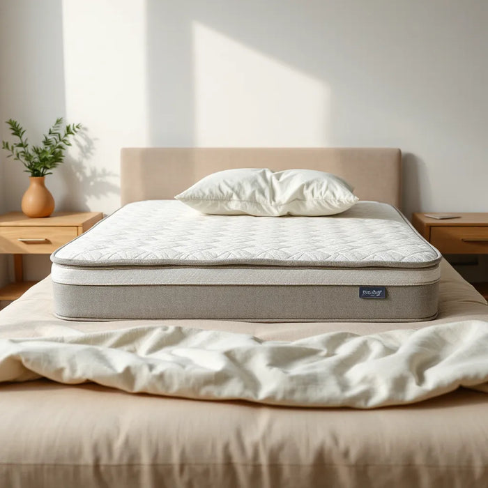 Neatly made bed with a pressure-relief style mattress surface and soft pillow under natural light