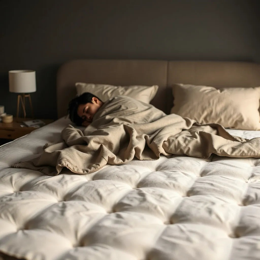 Person shifting on a comfortable mattress in a calm bedroom setting with soft lighting