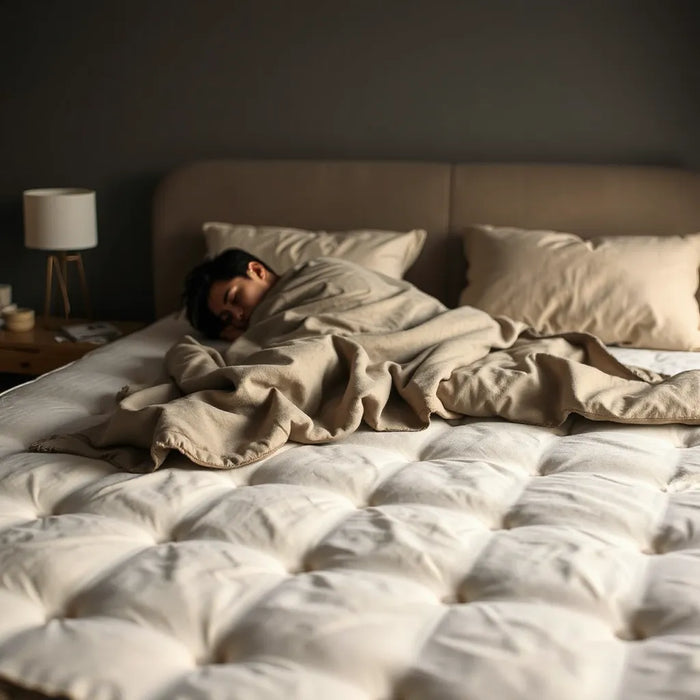 Person shifting on a comfortable mattress in a calm bedroom setting with soft lighting