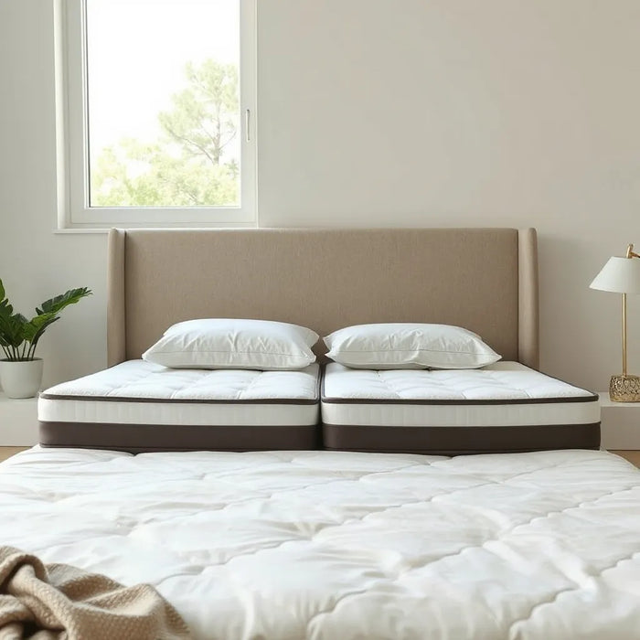 Neatly made bed with two premium-looking mattresses and soft neutral bedding in natural light