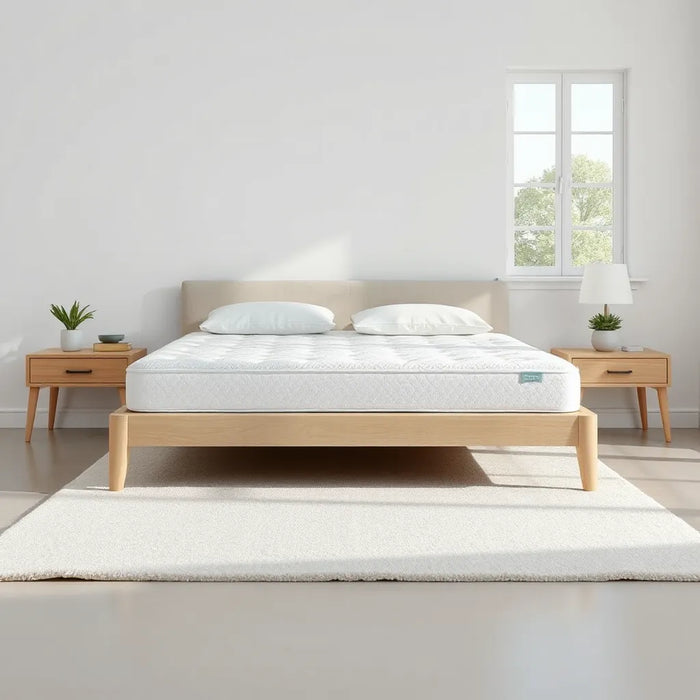 Cooling cloud pillow top mattress on a neatly made bed with breathable texture detail in soft daylight