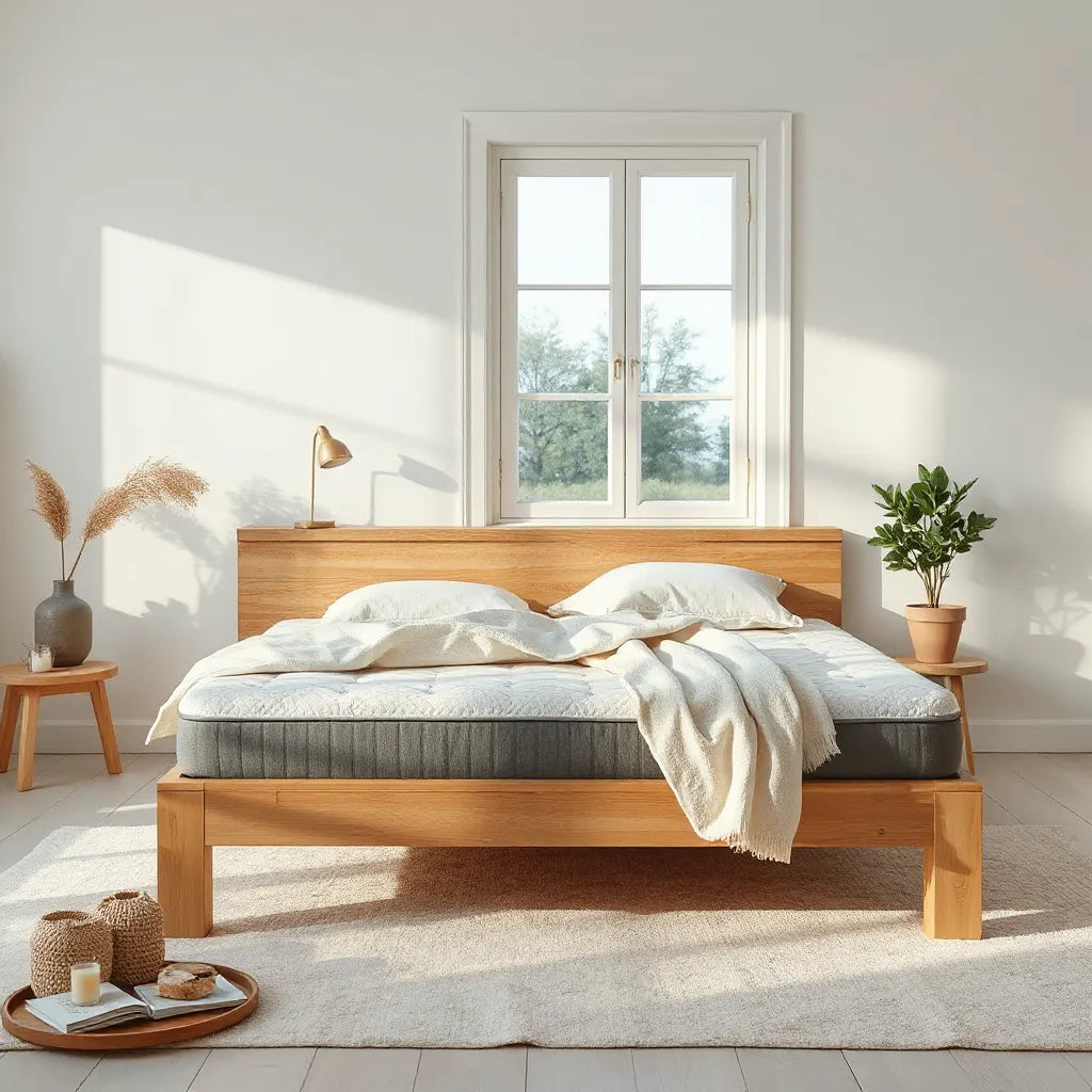 Natural-tone eco mattress on a wooden bed with organic fabric textures in a bright, minimalist bedroom