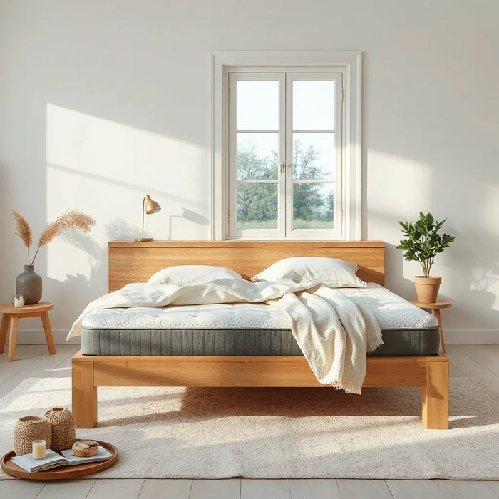 Natural-tone eco mattress on a wooden bed with organic fabric textures in a bright, minimalist bedroom