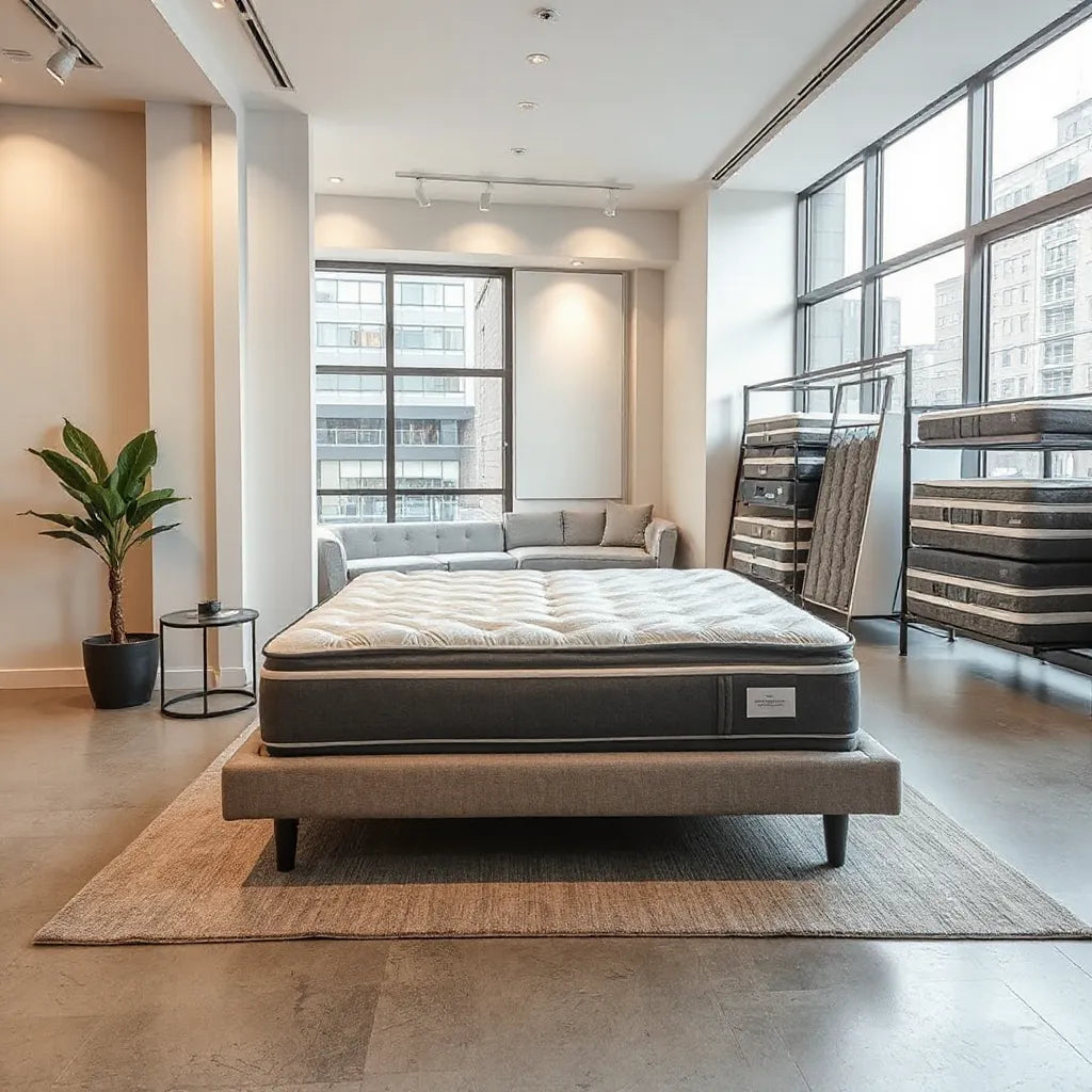 Neatly arranged mattresses and a made bed in a modern Midtown Manhattan showroom