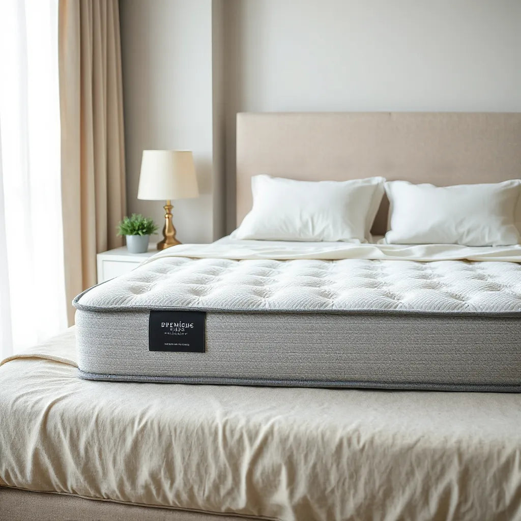 Modern bed with a premium hybrid mattress showing breathable fabric texture and supportive comfort