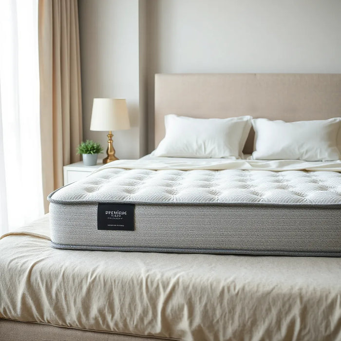 Modern bed with a premium hybrid mattress showing breathable fabric texture and supportive comfort