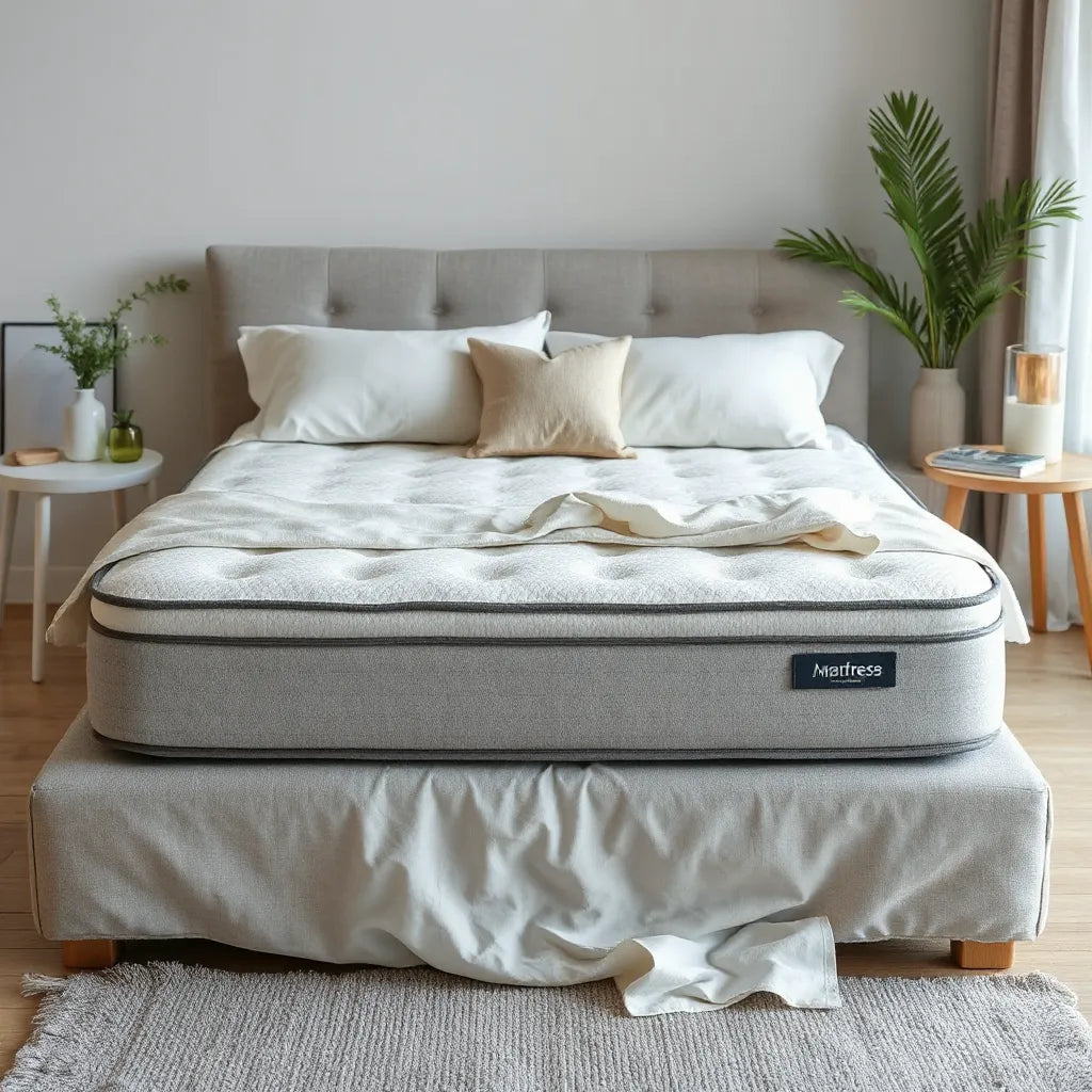 Neatly made bed showcasing a modern hybrid mattress with quilted top and supportive edge