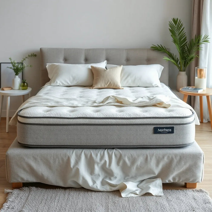 Neatly made bed showcasing a modern hybrid mattress with quilted top and supportive edge