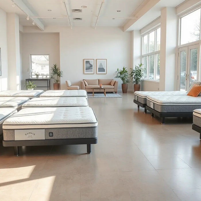 Bright mattress showroom with multiple beds on display and a comfortable consultation area