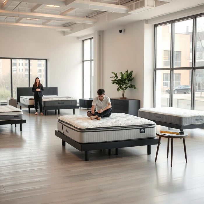 Customer testing a mattress on display in a bright modern NYC showroom