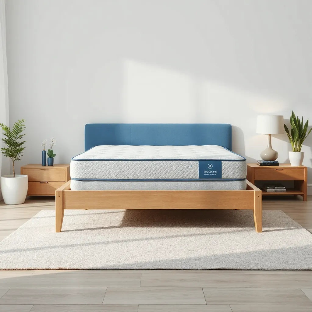 Cooling mattress on a modern bed with subtle cool blue accents for breathable comfort