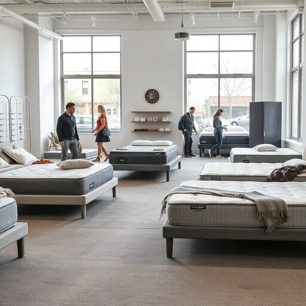 Clean Brooklyn mattress showroom with display beds and a shopper testing comfort under bright natural light