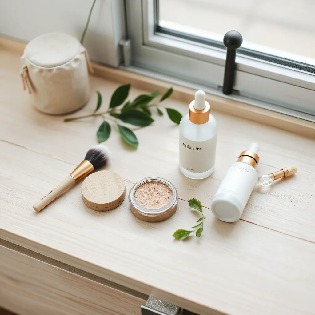 Natural makeup essentials arranged on a wooden vanity with reusable brushes and fresh green leaves
