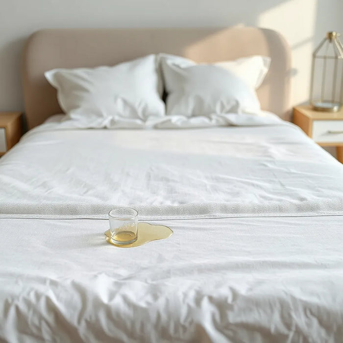 Water spill near a made bed with a waterproof mattress cover preventing stains