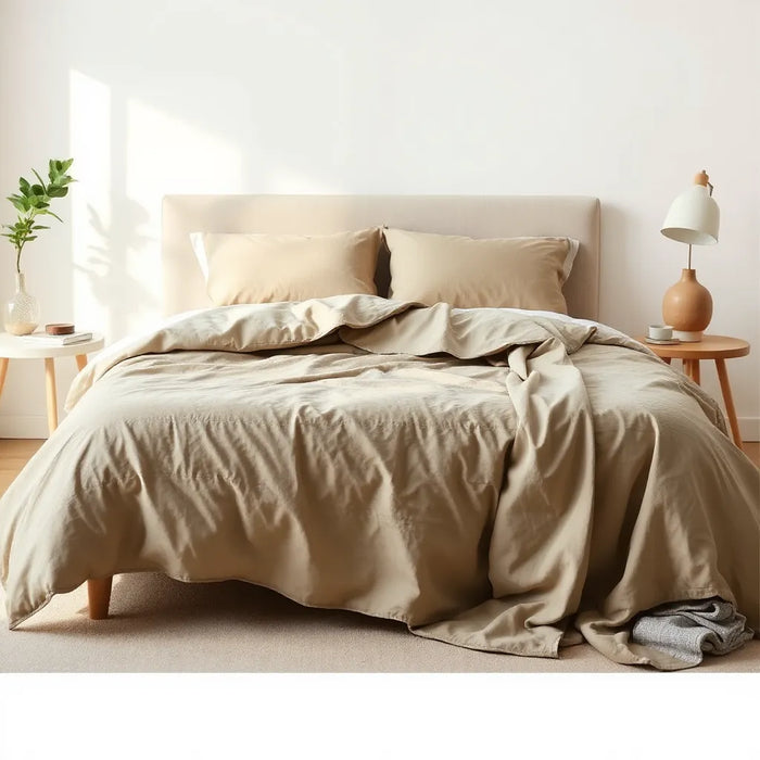 Neatly made bed with a folded blanket and a fitted protector showing full-size coverage