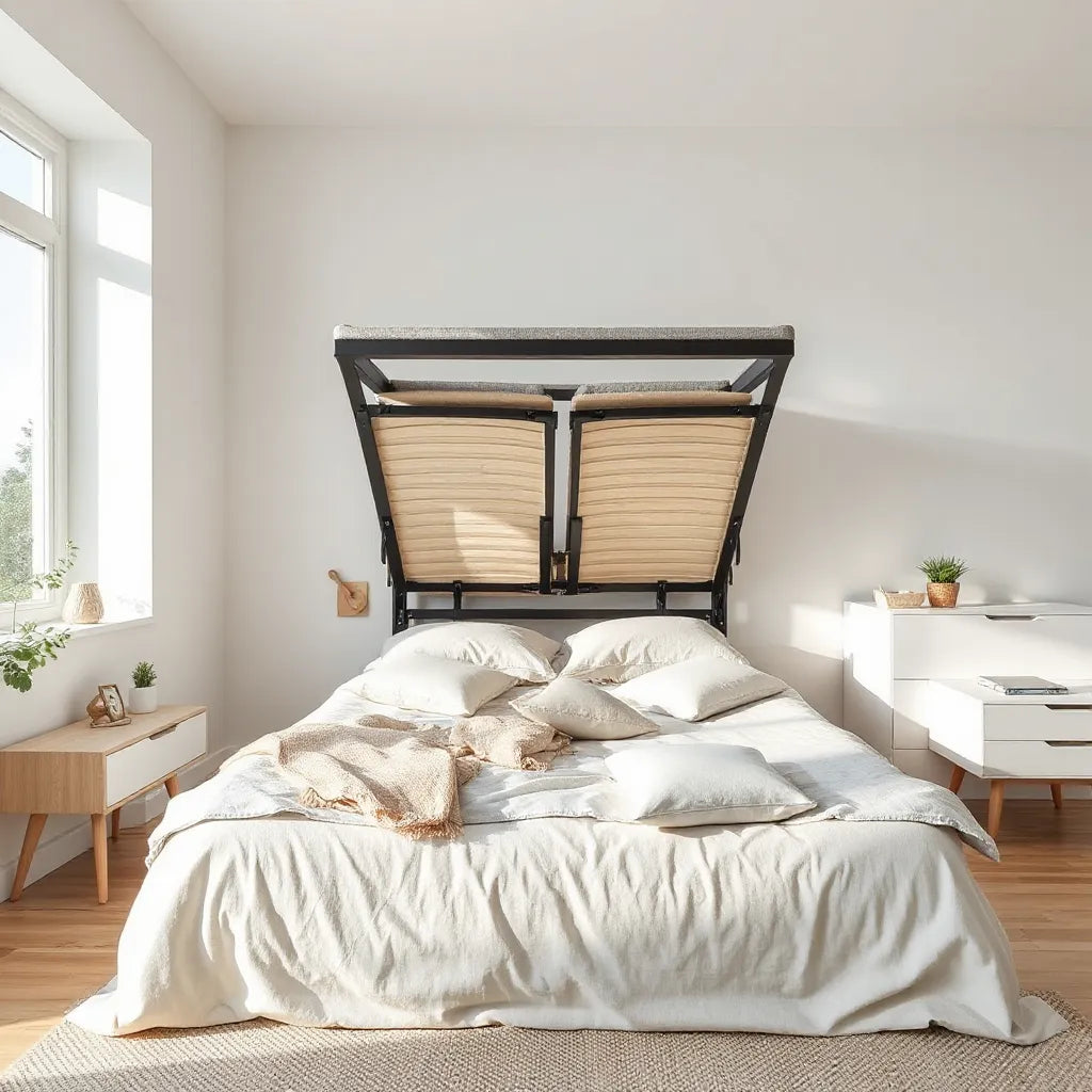 Modern adjustable bed frame with head and leg positions raised in a bright, minimal bedroom