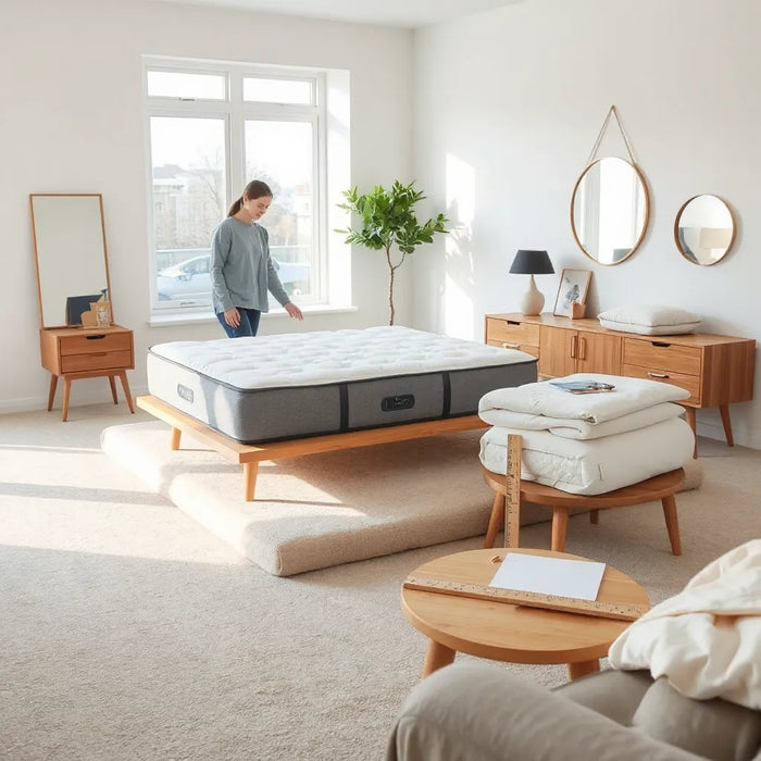 Person comparing mattresses on display platforms in a bright showroom with neutral bedding samples and notes