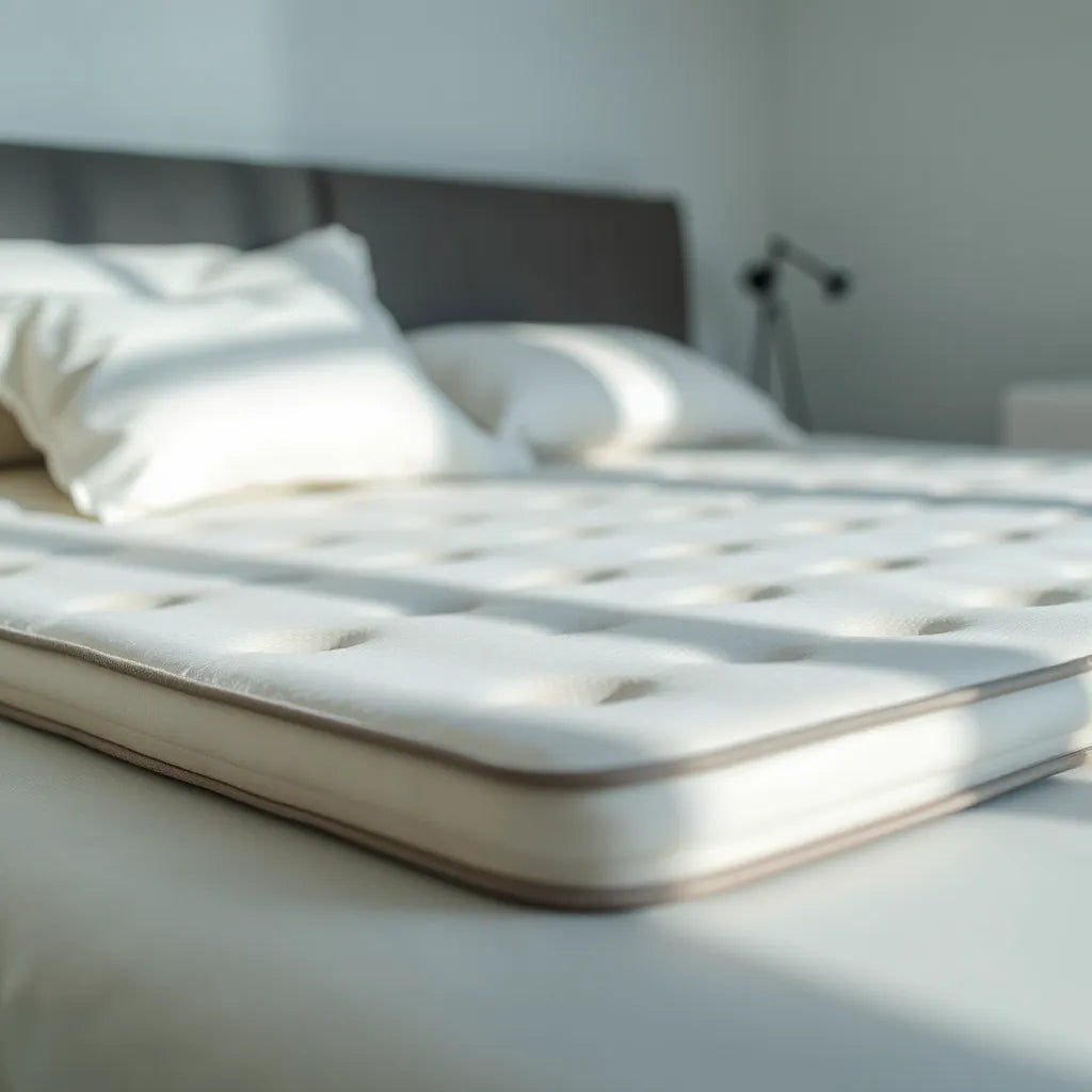 Neatly made bed in soft morning light showing supportive mattress comfort contours