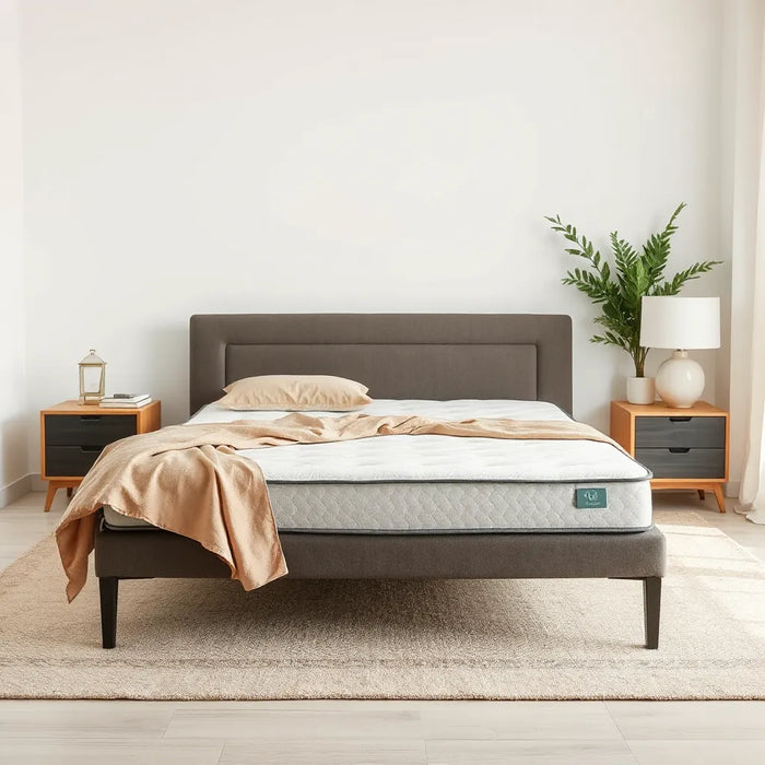 Luxury hybrid mattress on a modern bed with neutral bedding and soft natural light