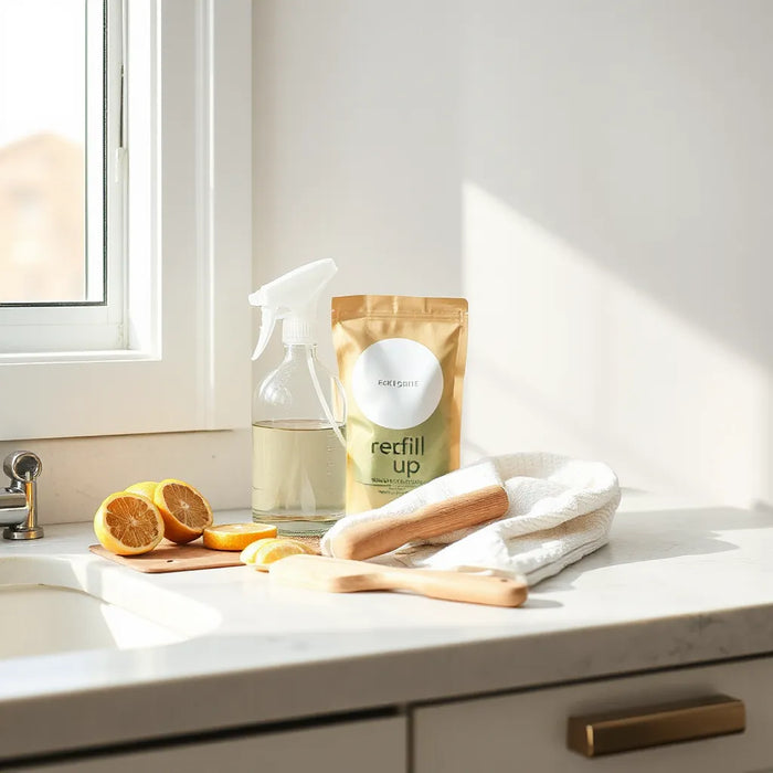 Eco-friendly cleaners on a bright kitchen counter with natural cloth, scrub brush, and baking soda