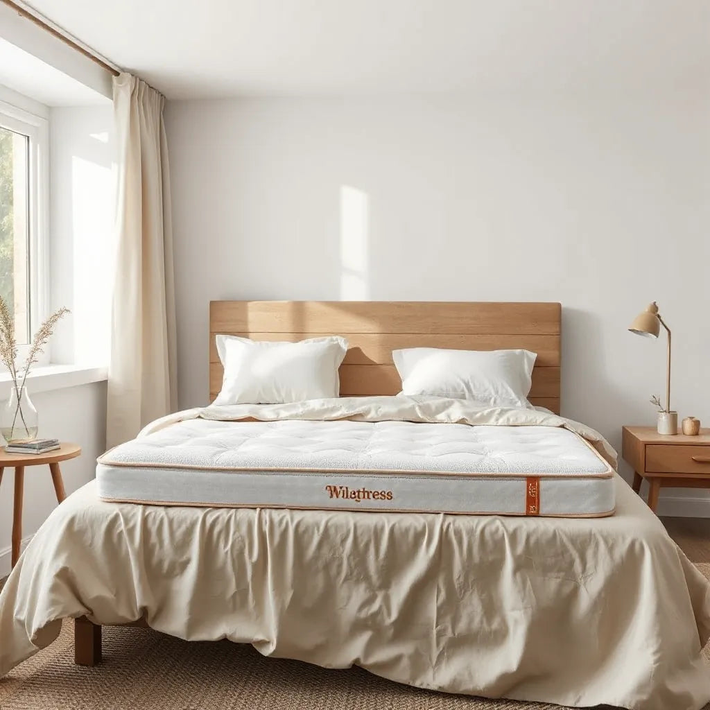 Neatly made bed for two in a bright, minimal bedroom setting with pillows and mattress focus