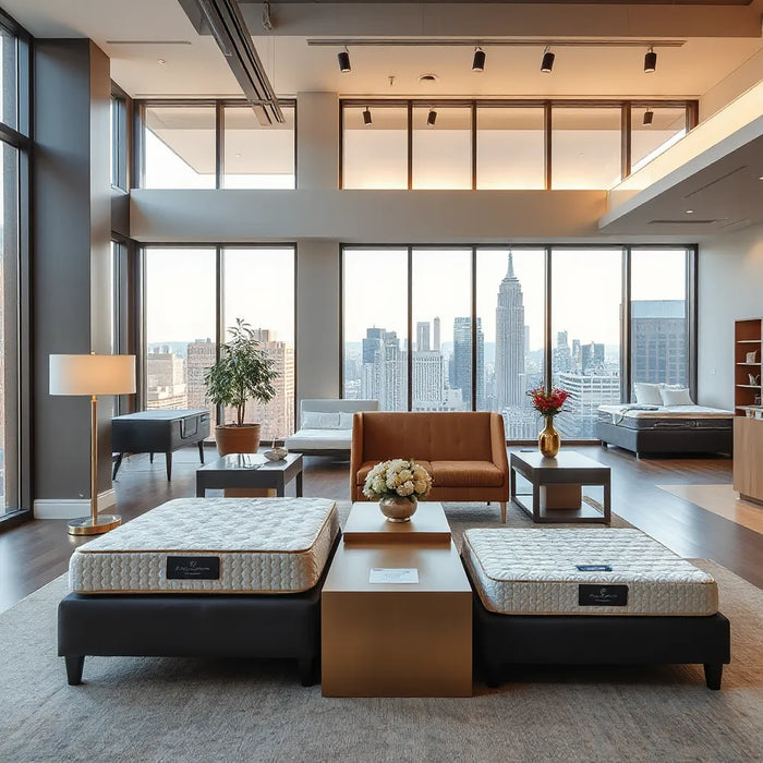 Bright Midtown Manhattan mattress showroom with displayed beds and large windows