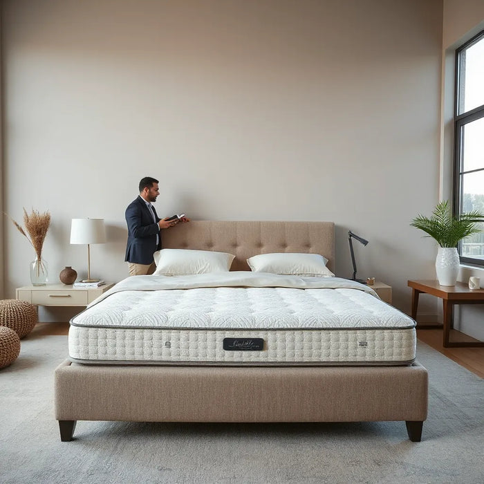 Shoppers examine a plush luxury mattress in a bright, modern showroom with elegant neutral bedding