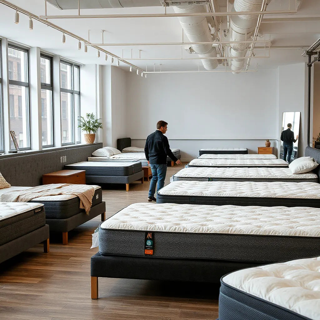 Customer testing a mattress in a modern New York City showroom with neatly arranged beds