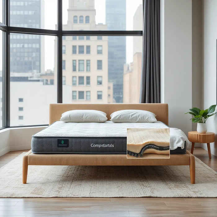 Hybrid mattress on a modern bed with soft lighting in a minimalist NYC bedroom