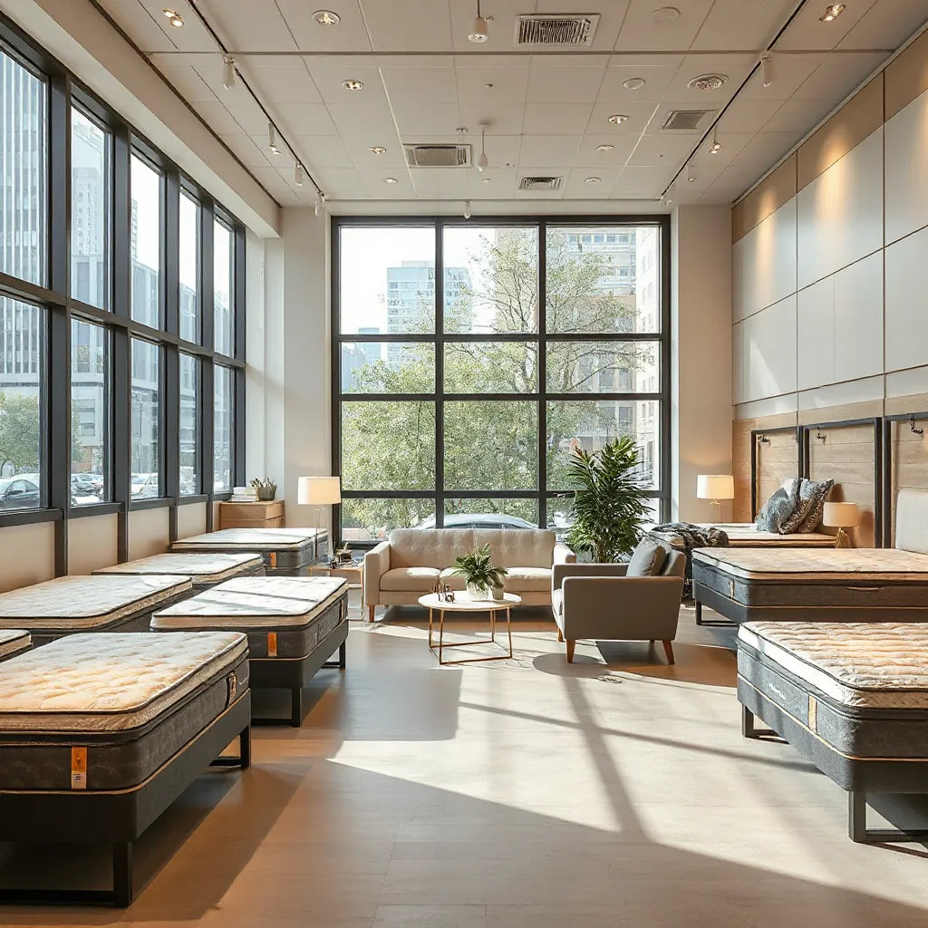 Bright mattress showroom with displayed beds and a consultation seating area for trying mattresses