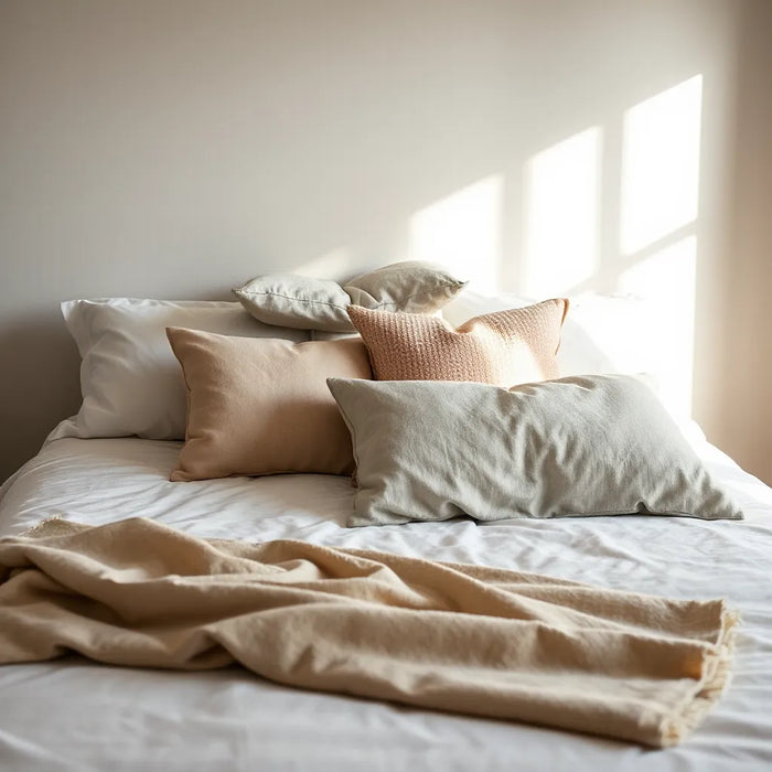 Layered neutral pillows on a made bed in soft morning light for comfortable sleep
