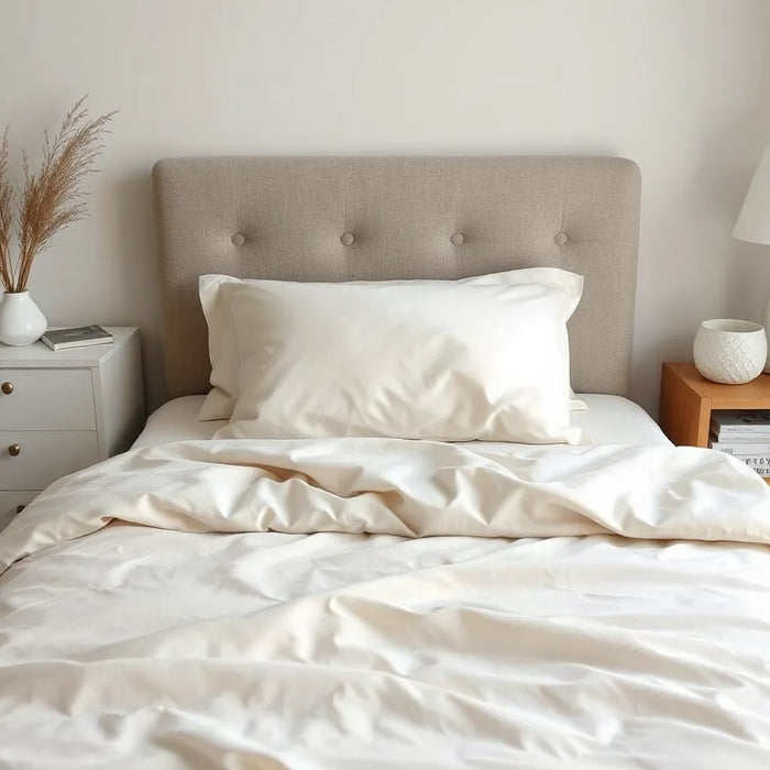 Neatly made bed with premium, smooth sheets under soft morning light