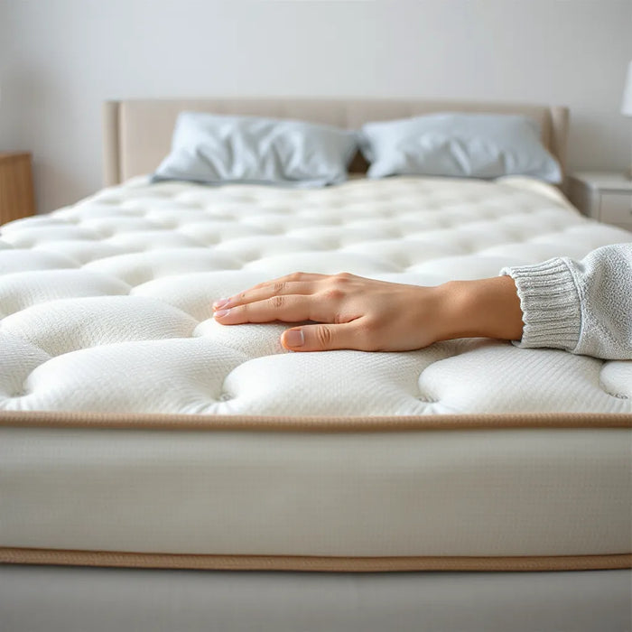 Mattress surface showing pressure relief zones around a resting hand under soft lighting