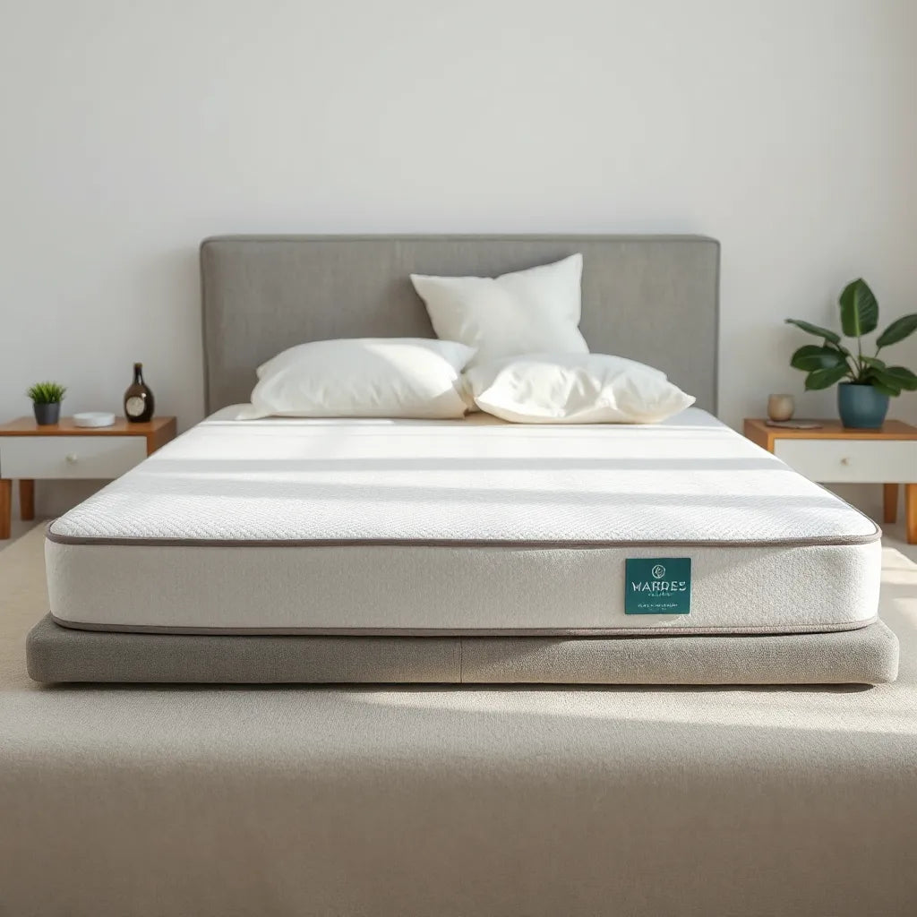 High-density memory foam mattress on a bed with neutral bedding in a bright, minimal bedroom