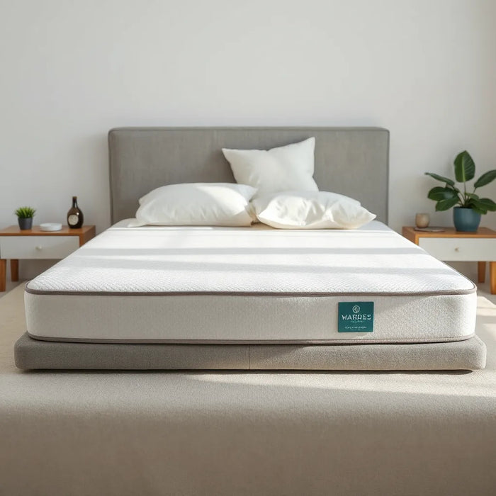High-density memory foam mattress on a bed with neutral bedding in a bright, minimal bedroom