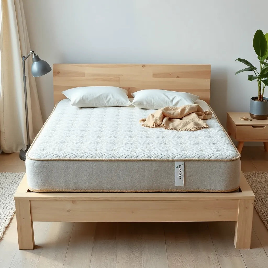 Eco-friendly mattress on a simple bed with natural linens and a small potted plant in soft daylight