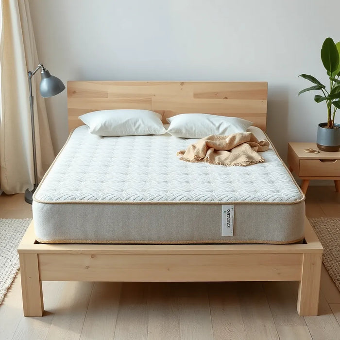 Eco-friendly mattress on a simple bed with natural linens and a small potted plant in soft daylight