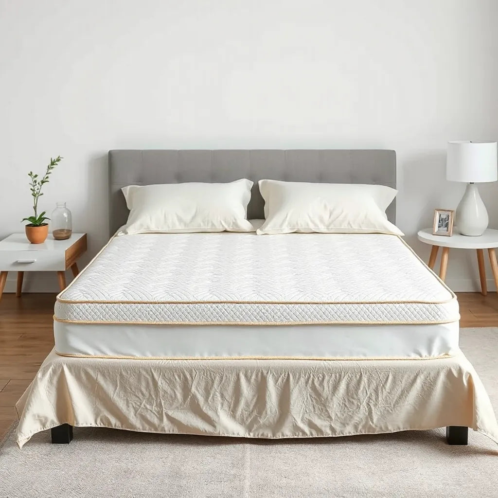Neatly made bed with a fitted mattress protector visible on top, soft linens, and natural light