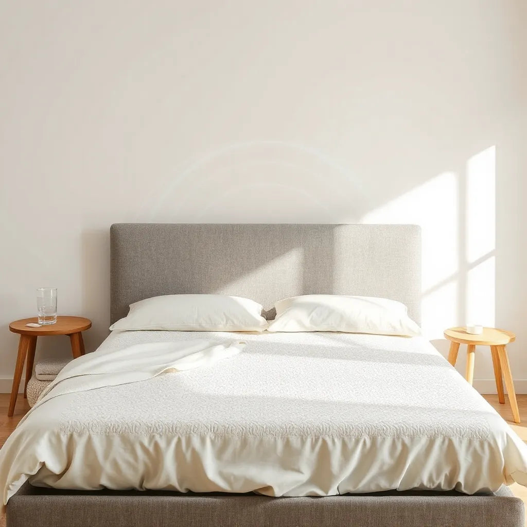 Cooling hybrid mattress on a bed with breathable fabric texture and soft natural light