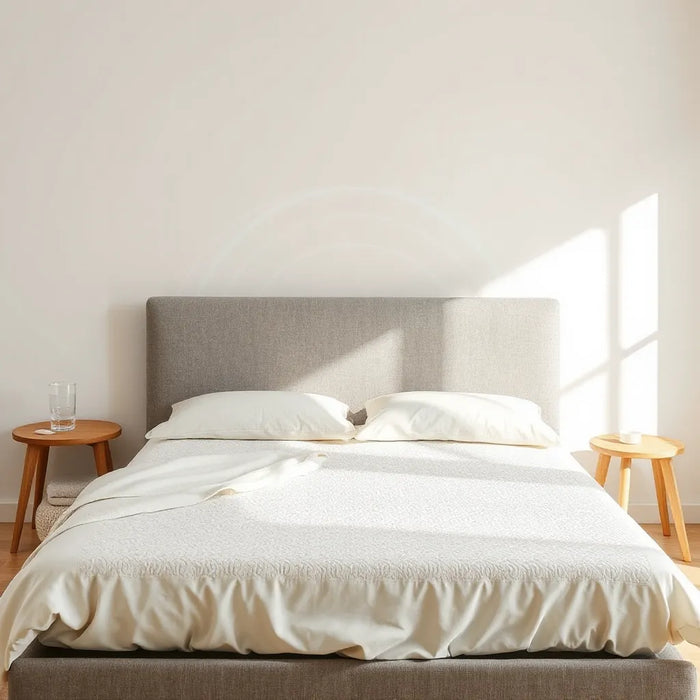 Cooling hybrid mattress on a bed with breathable fabric texture and soft natural light