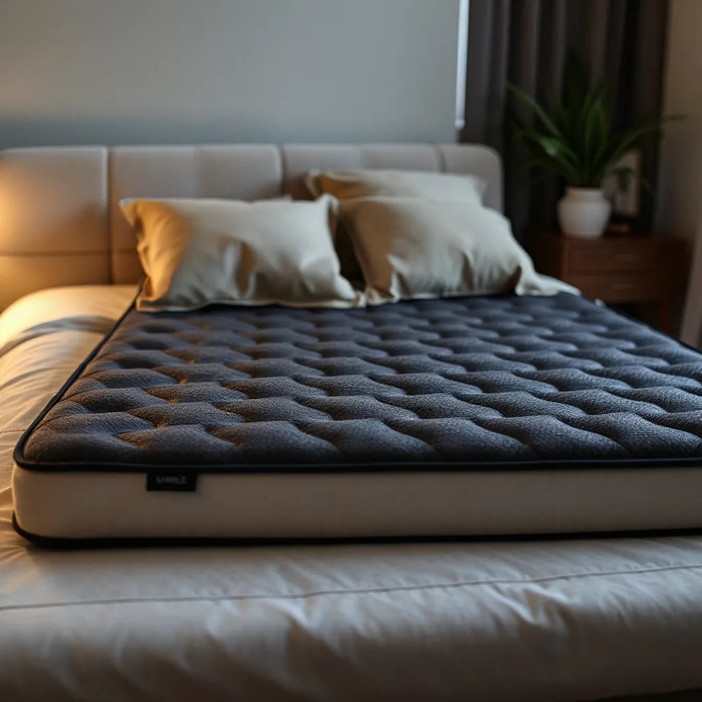 Neatly made bed with a dark premium mattress and soft pillows in warm bedside lighting