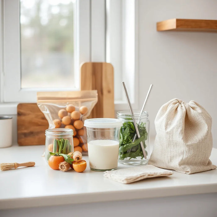 Reusable food storage bags and containers on a clean kitchen counter with natural light