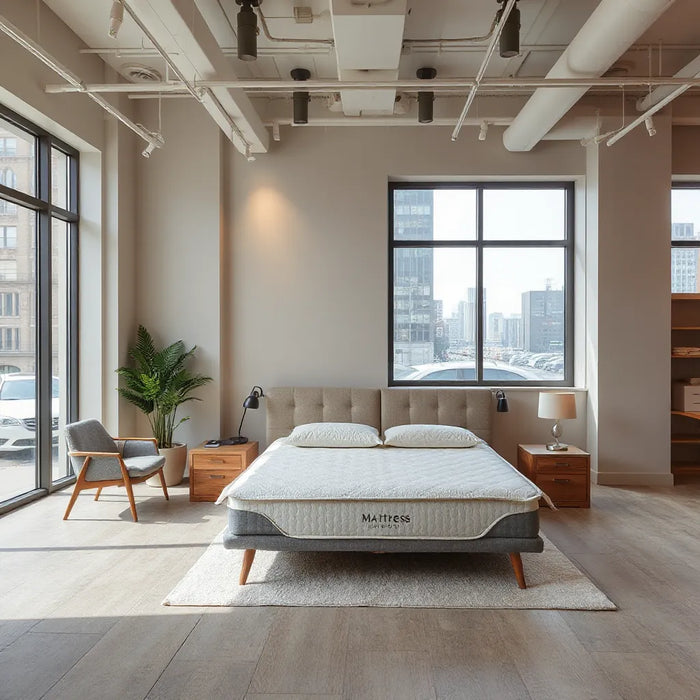 Bright Midtown Manhattan mattress showroom with neatly displayed beds and minimalist seating