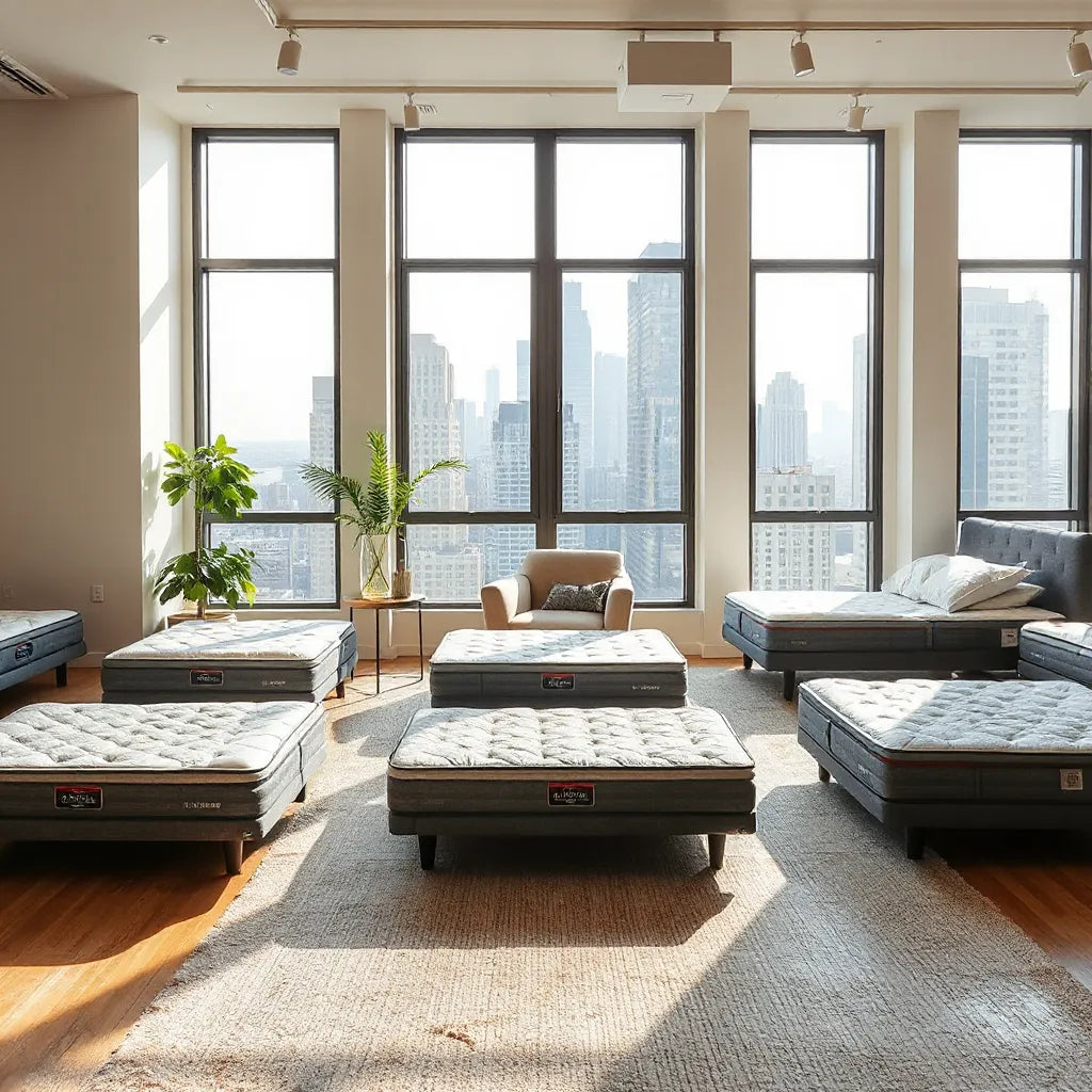 Neatly arranged mattresses in a modern Midtown NYC showroom with a comfortable lounge area
