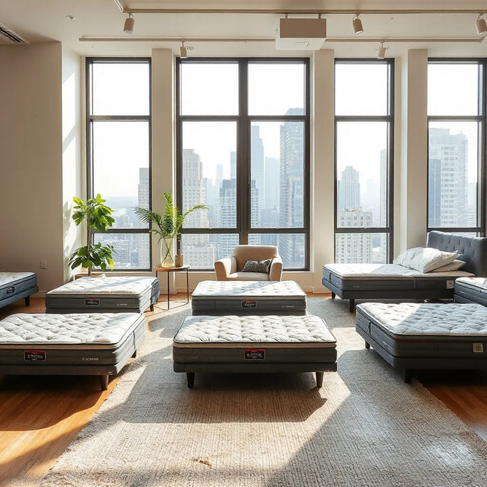 Neatly arranged mattresses in a modern Midtown NYC showroom with a comfortable lounge area